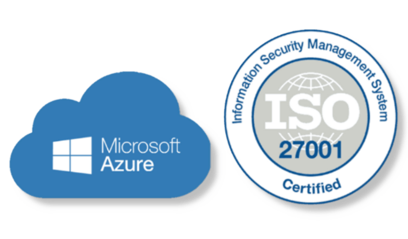 Microsoft Azure cloud logo next to the ISO 27001 Information Security Management System certification seal.