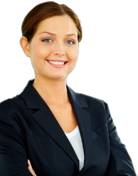 Confident businesswoman in a dark suit smiling with arms crossed.
